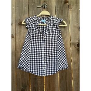 Draper James Womens Top XS Black White Gingham Ruffle Sleeveless Blouse
